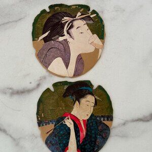 Vintage Japanese Geisha Painted Sand Dollar Shell Themed Wall Art Set of 2